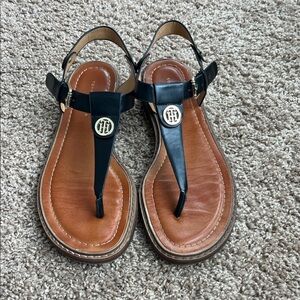Tommy Hilfiger Black and Tan Gold Logo Sandals Size 8.5
